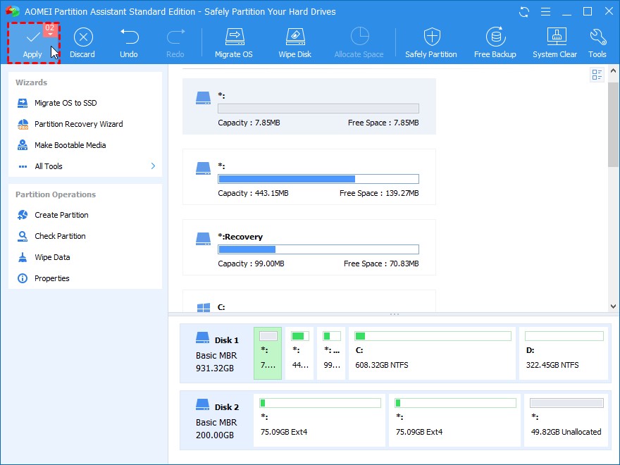 Finally, you can see that the C drive has been merged with the partition or unallocated space you selected into one partition. Click "Apply" to generate the action.