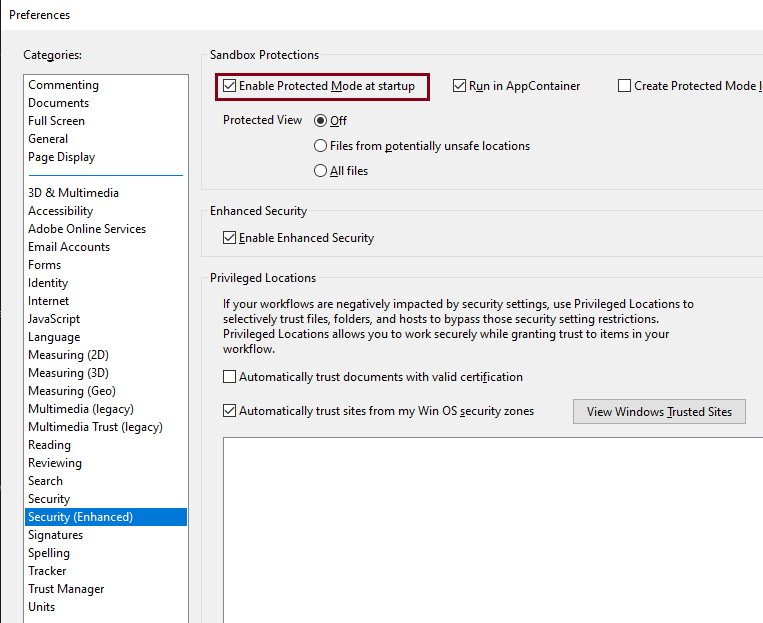 disable protected mode on adobe acrobat reader