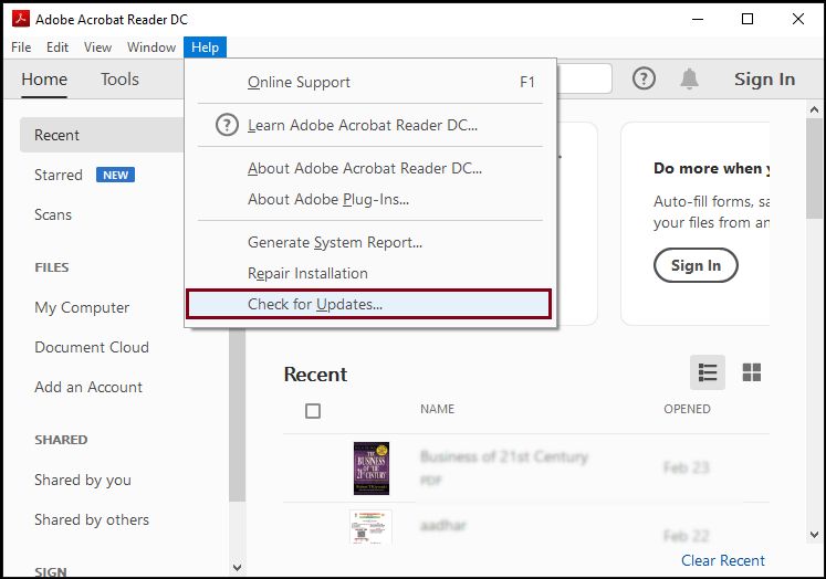 check updates for adobe acrobat