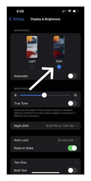 activating dark mode to reduce iphone 13 battery draining
