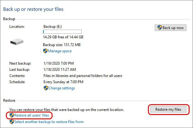 Select one option among Restore my files or Restore all users’ files