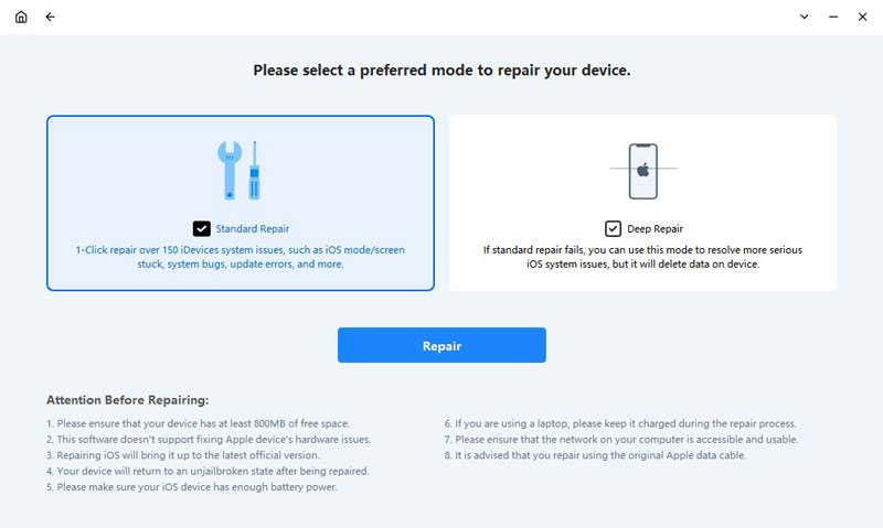 FixMate will prompt you to choose a repair mode to fix the issues