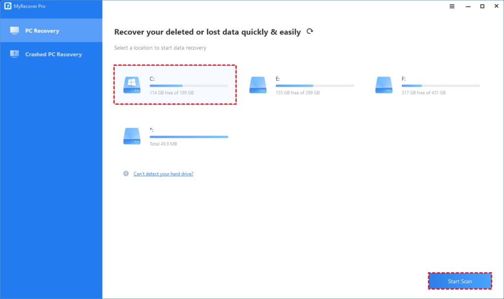 After installing and launching MyRecover, select the local drive that saves your permanently deleted files before data loss > click Start Scan.