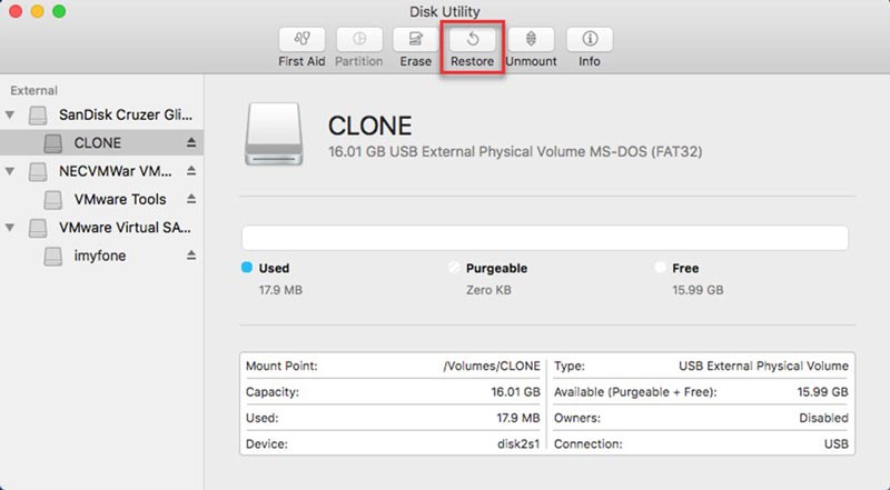 Tap the “Restore” button from the top menu bar of the Mac Disk Utility interface.