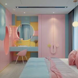 A room with pink and blue walls AI-generated content may be incorrect.