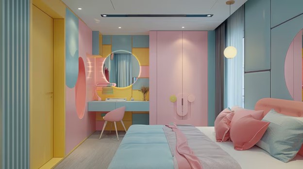 A room with pink and blue walls AI-generated content may be incorrect.